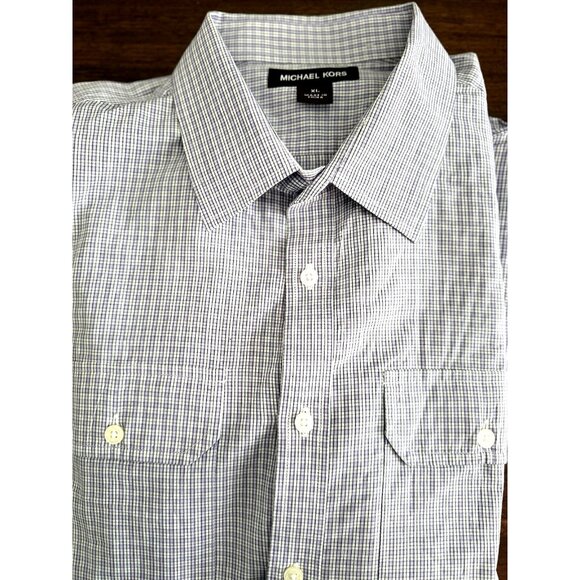 Michael Kors Mens XL Button up Long Sleeve Shirt with Roll up Tabs Check Pattern - Picture 1 of 4